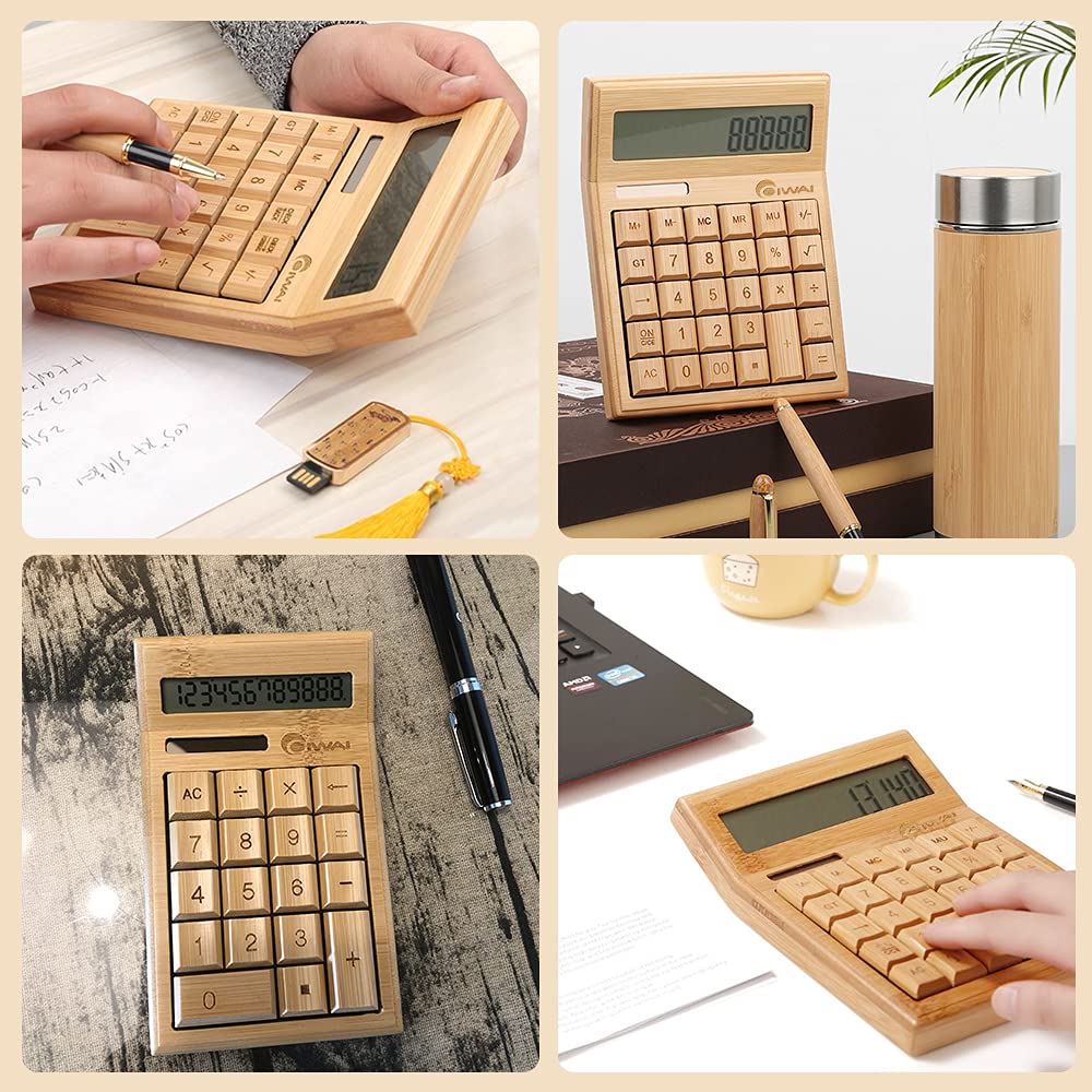 OIWAI Stylish Desktop Calculator with Numeric Wooden Nice Cute Calculator with Large Solar Natural Perfect Gift for Retail Store Bamboo Calculator,