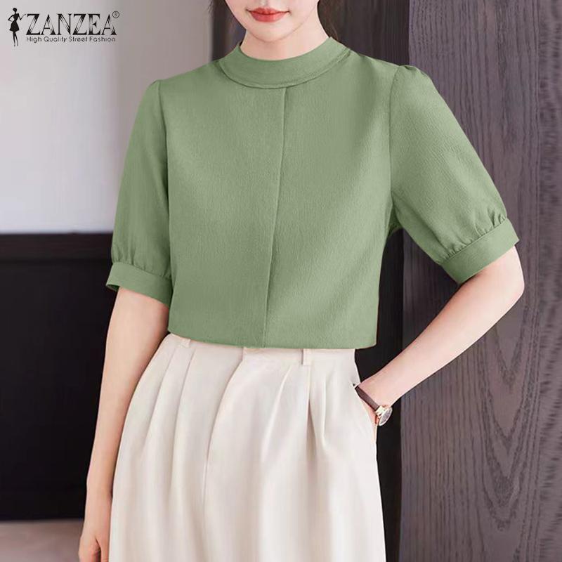 ZANZEA Women Casual Stand Collar Solid Color Summer Half Sleeve Blouse