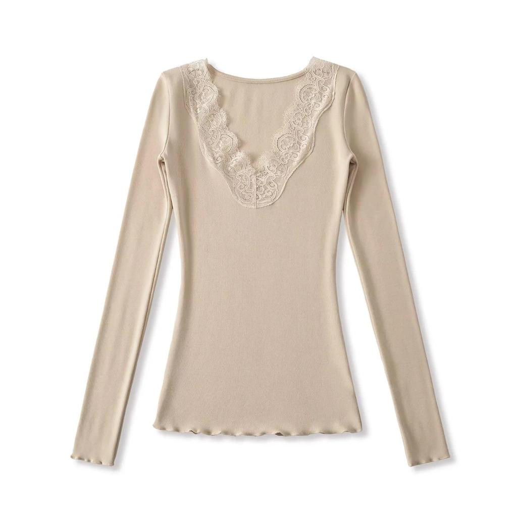 T-shirt da donna a manica lunga in pizzo con scollo a V, vestibilità slim, per Autunno/Inverno