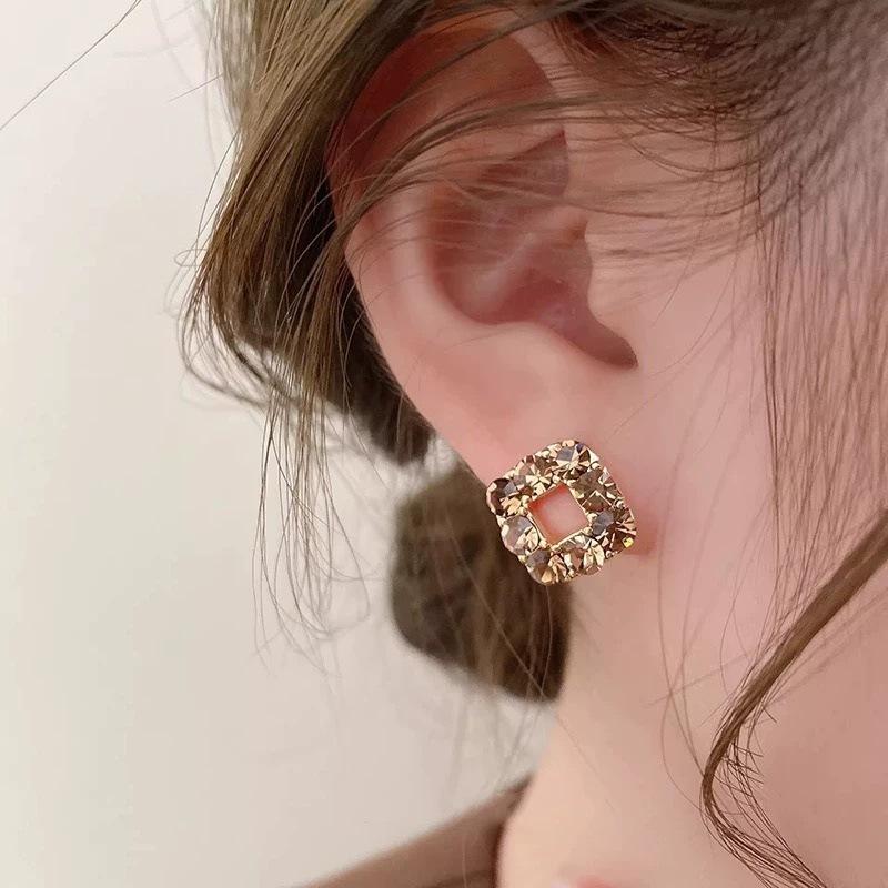 Maillard Caramel Brown Earrings Women's Geometric Square High-end Stud Earrings New Exquisite Silver Needle Ear Jewelry