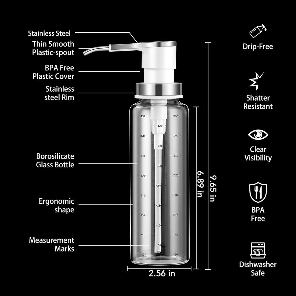 Sauce Pump Dispensers, Coffee Syrup Dispenser, 4 x 500ml Glass Bottle with Stainless Steel Pumps, Leak-Proof, Food Grade Pumps for Honey, Syrups, Oil,