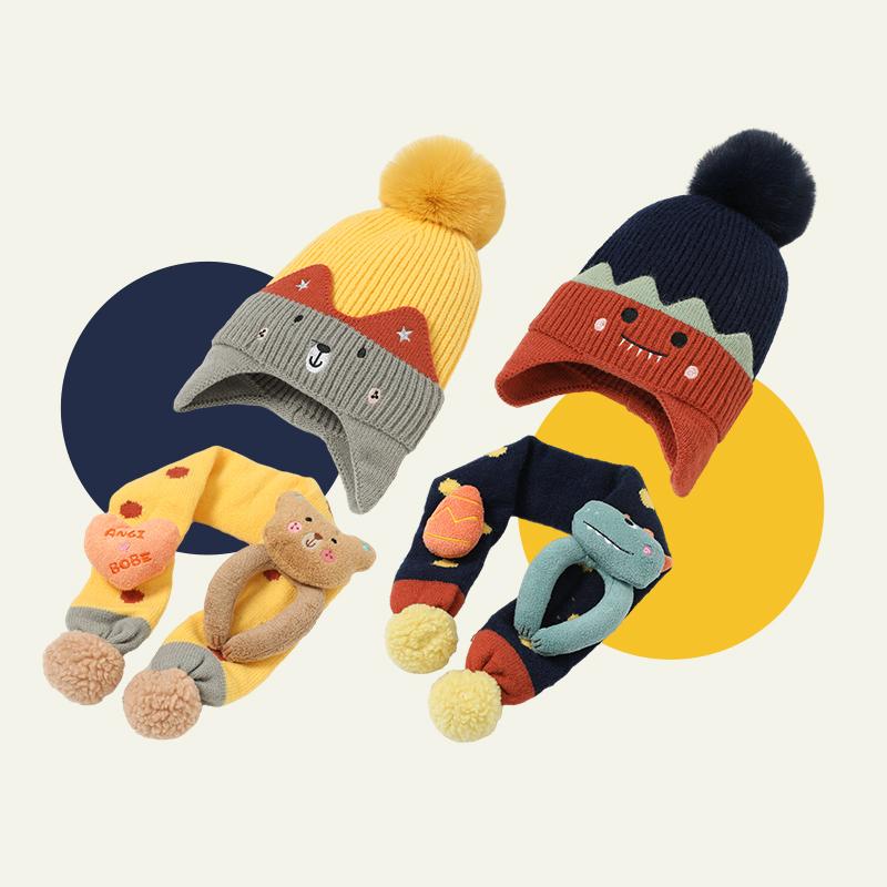 Cute Outdoor Children Winter Beanie Scarf Ear protection Soft Kids Warm Knitted Hats Set