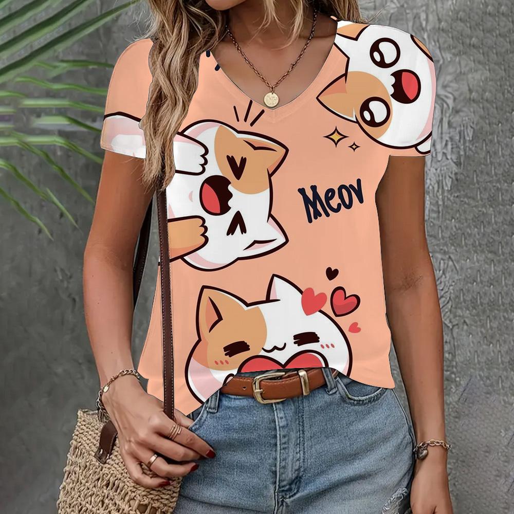 Summer New T-shirt Women's Clothing Loose Casual Short Sleeve Fashion Cat Print Top V-neck Elegant Clothing Women's T-shirt 2024