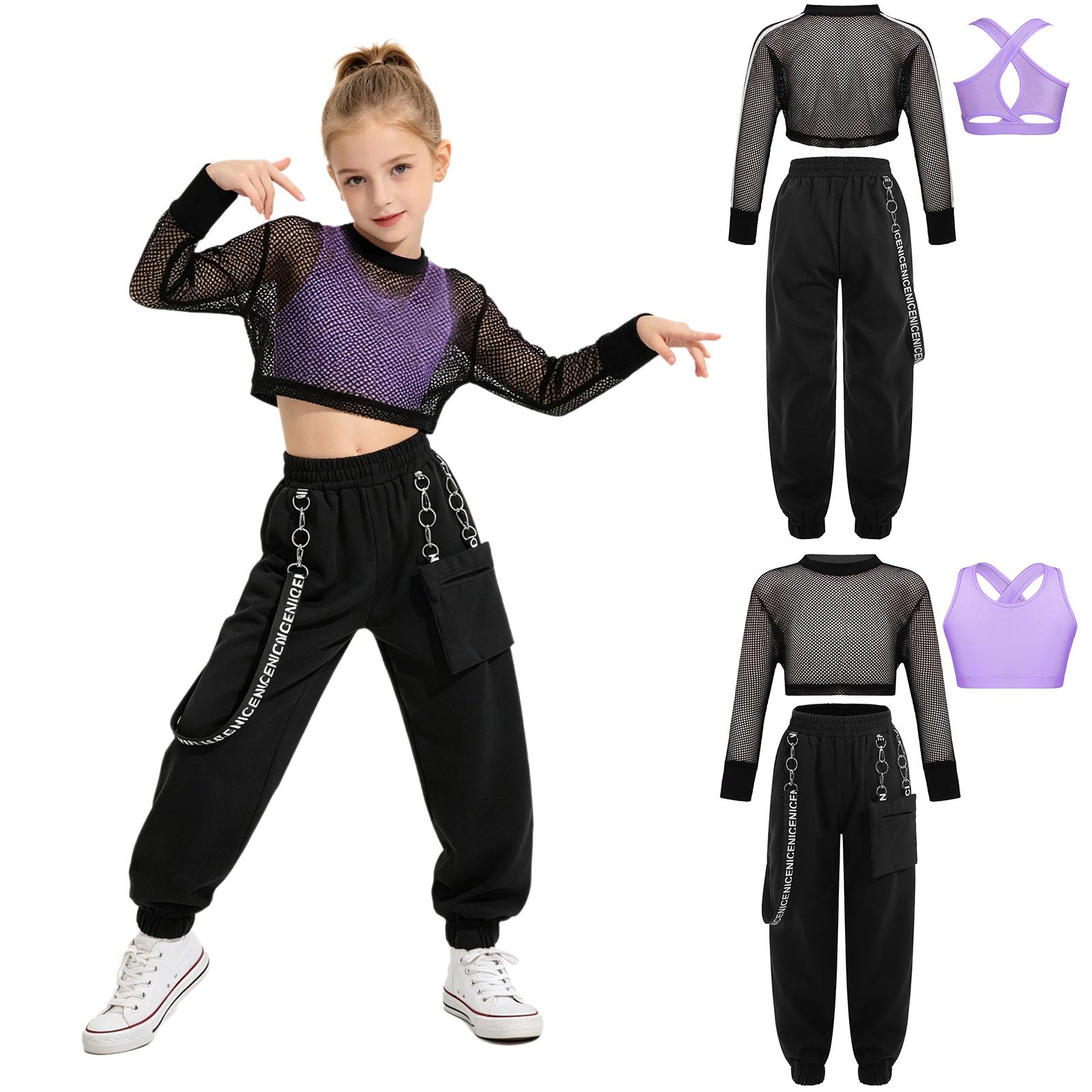 Mädchen 3-teiliges Hip-Hop-Tanzset mit überkreuztem Rücken, ärmelloser Weste, Cargohose und Netz-Langarm-Crop-Top für Workout, Jazz-Performance 5-6 Years lavendel