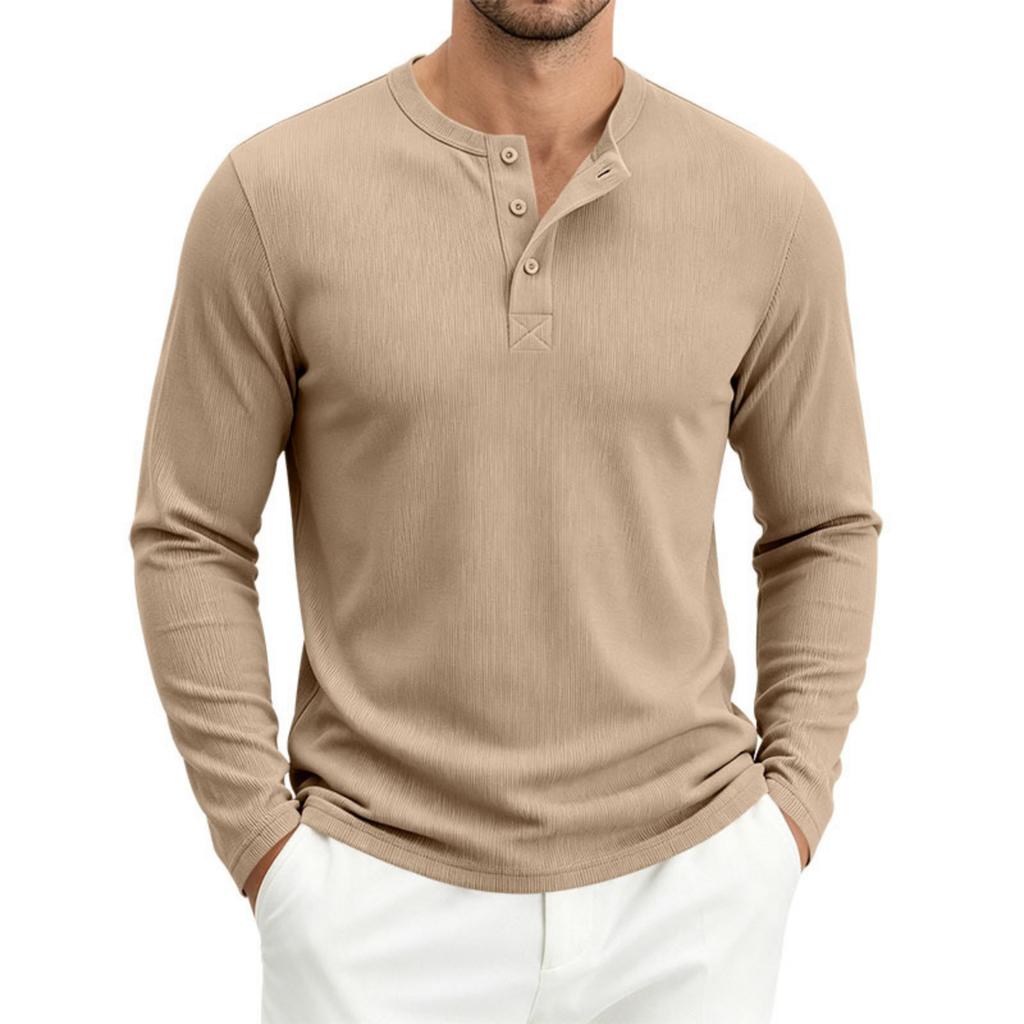 Men's Long Sleeve Loose Fit Ribbed Breathable Henley Shirt Button Placket Casual Pullover Top