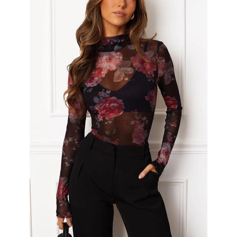 Women's Long Sleeve T-shirt Slim Fit Stand Collar Mesh Retro Printed Floral Women's T-Shirts Fashion Elegant Sexy See Through Base Female Tee Tops