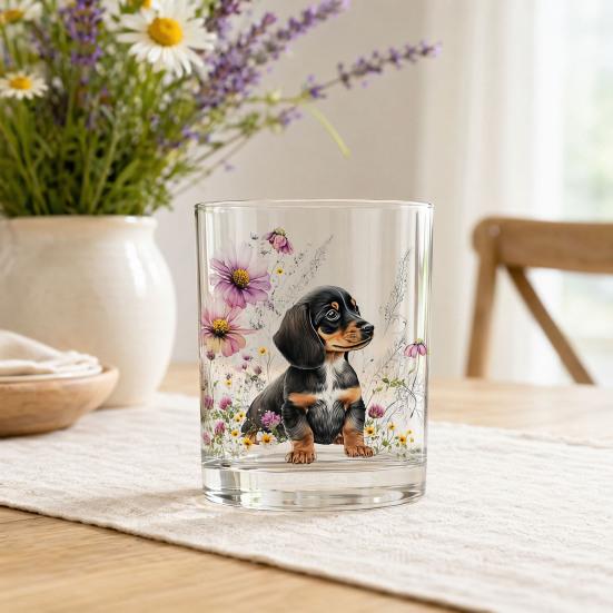Whiskey Glass, Dachshund Glass Tumbler, Hand Painted Dog Floral Cup for Whiskey Coffee, Home Bar Gift for Dog Lovers