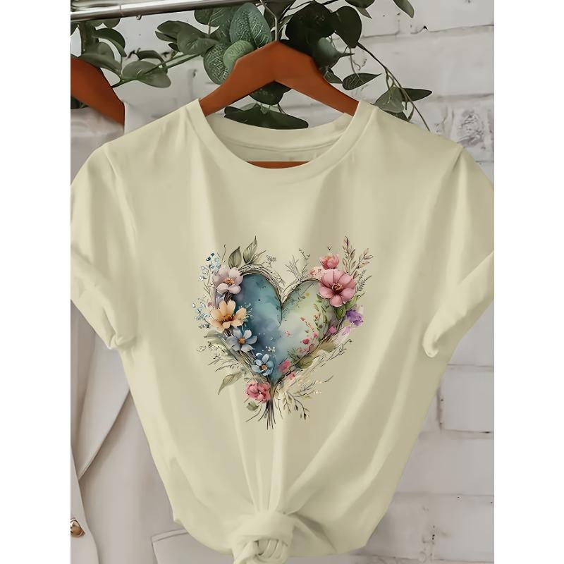 Love Bouquet Woven Pattern Round Neck T-shirt for Women Summer Breathable and Comfortable Fabric