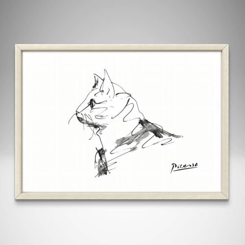 Picasso Cat Drawing, A4 Size, Framed Art Poster, Poster aoipro (White Frame (23cm x 31cm))