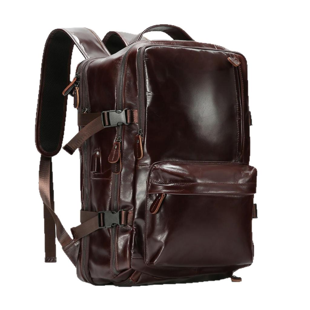 Men's Genuine Leather Expandable Large Capacity Shoulder Backpack for Business Travel