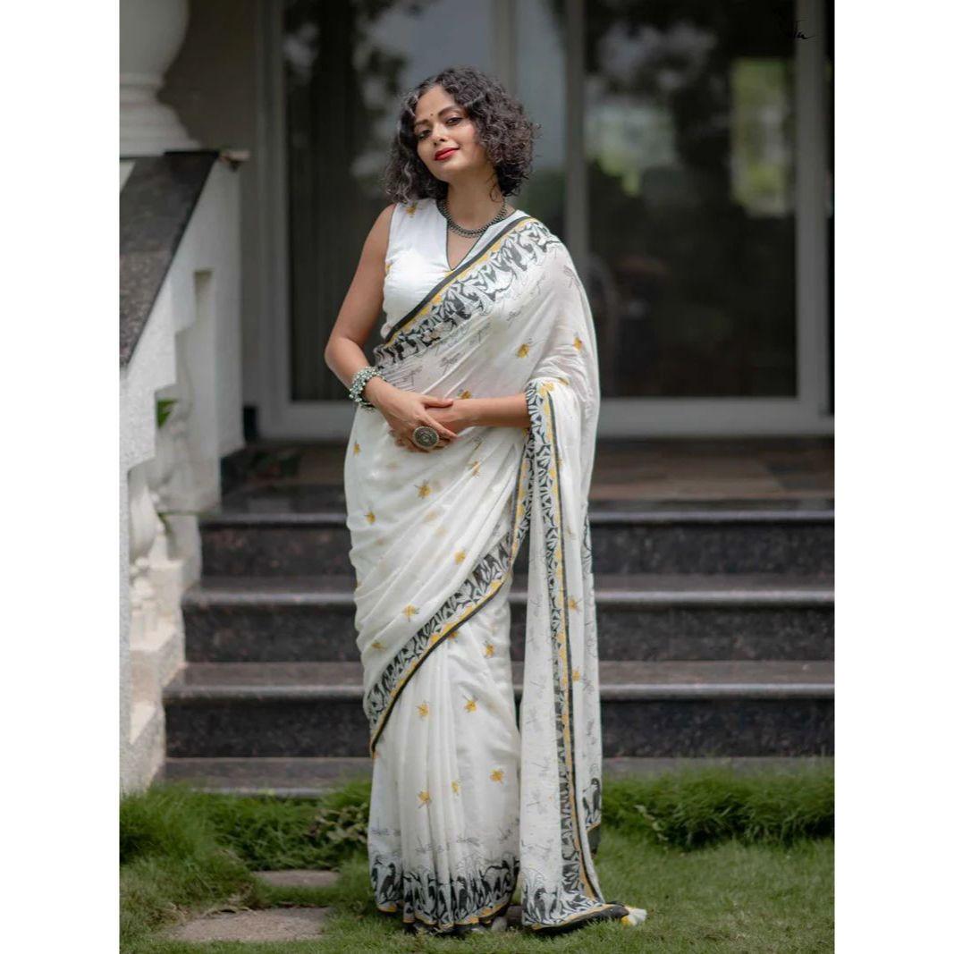 New Exclusive Designer Linen Cotton Digital Print Saree – Fresh & Modern Ethnic Look