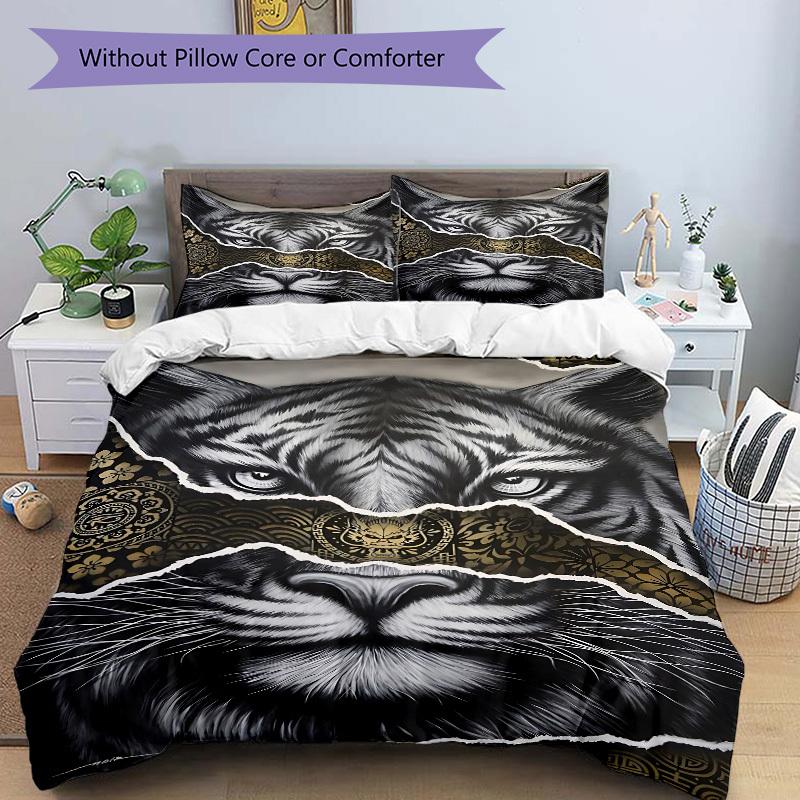 3pcs Tiger Face Artwork Duvet Cover Set, Soft Comfortable Duvet Cover,Guest Room (1*Duvet Cover + 2*Pillowcase, Without Core) yy251104178