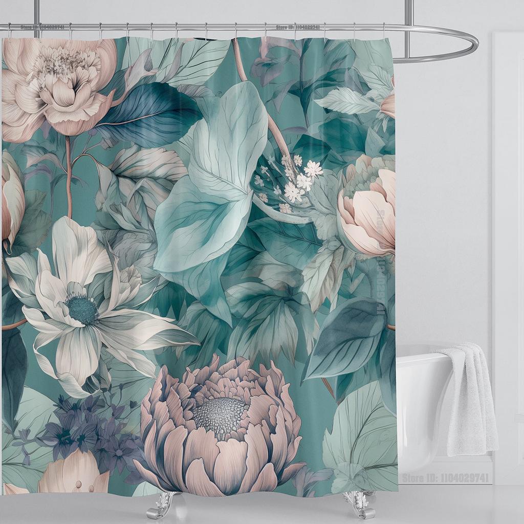 Aquatic Plants Floral Shower Curtain Waterproof Shower Curtain Polyester Fabric 3D Printed Curtain Bathroom Decoration With Hook