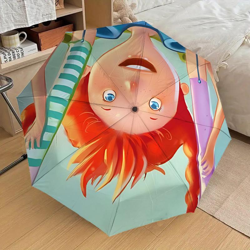 1pc Pippi Longstocking Automatic Folding Umbrella, Portable Collapsible Design, Casual Outdoor Accessory L1127010