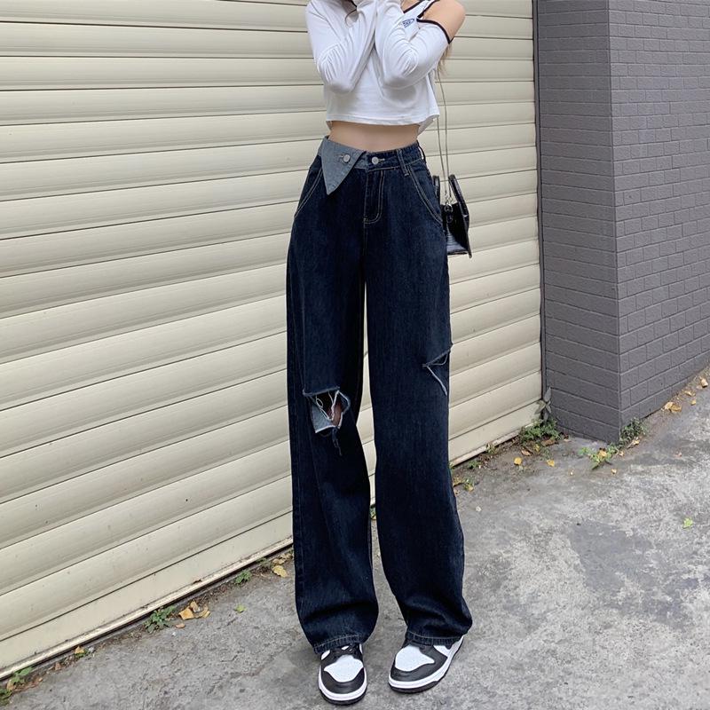 Women s High Waist Ripped Wide Leg Denim Pants - Summer 2022 Hong Kong Style Medium