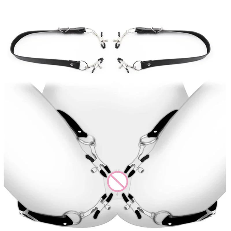Black Leather Harness Set – Nipple Clamps, Labia Clips & Restraints for Fetish Bondage & Erotic Couple Play