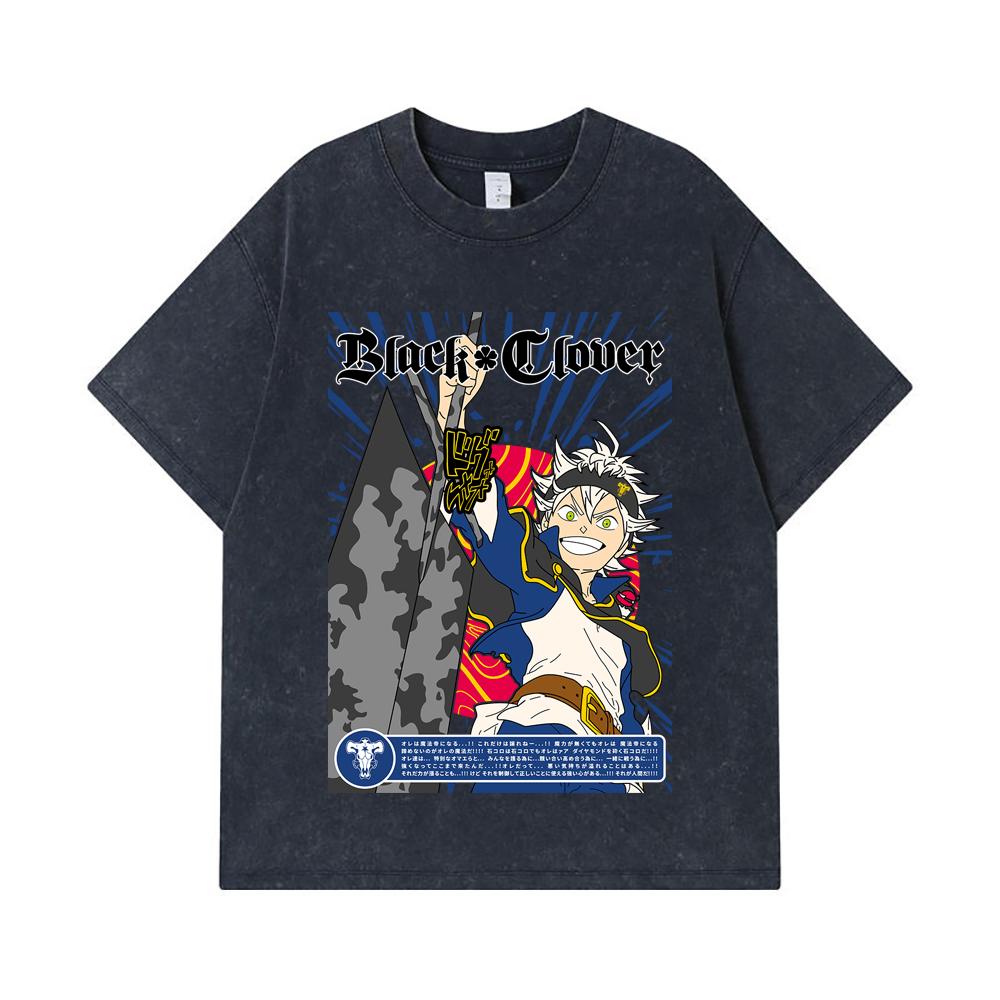 275 GSM Washed T-shirts 100% Cotton Black Clover V10 Asta Print Unisex Heavy Cotton T Shirt