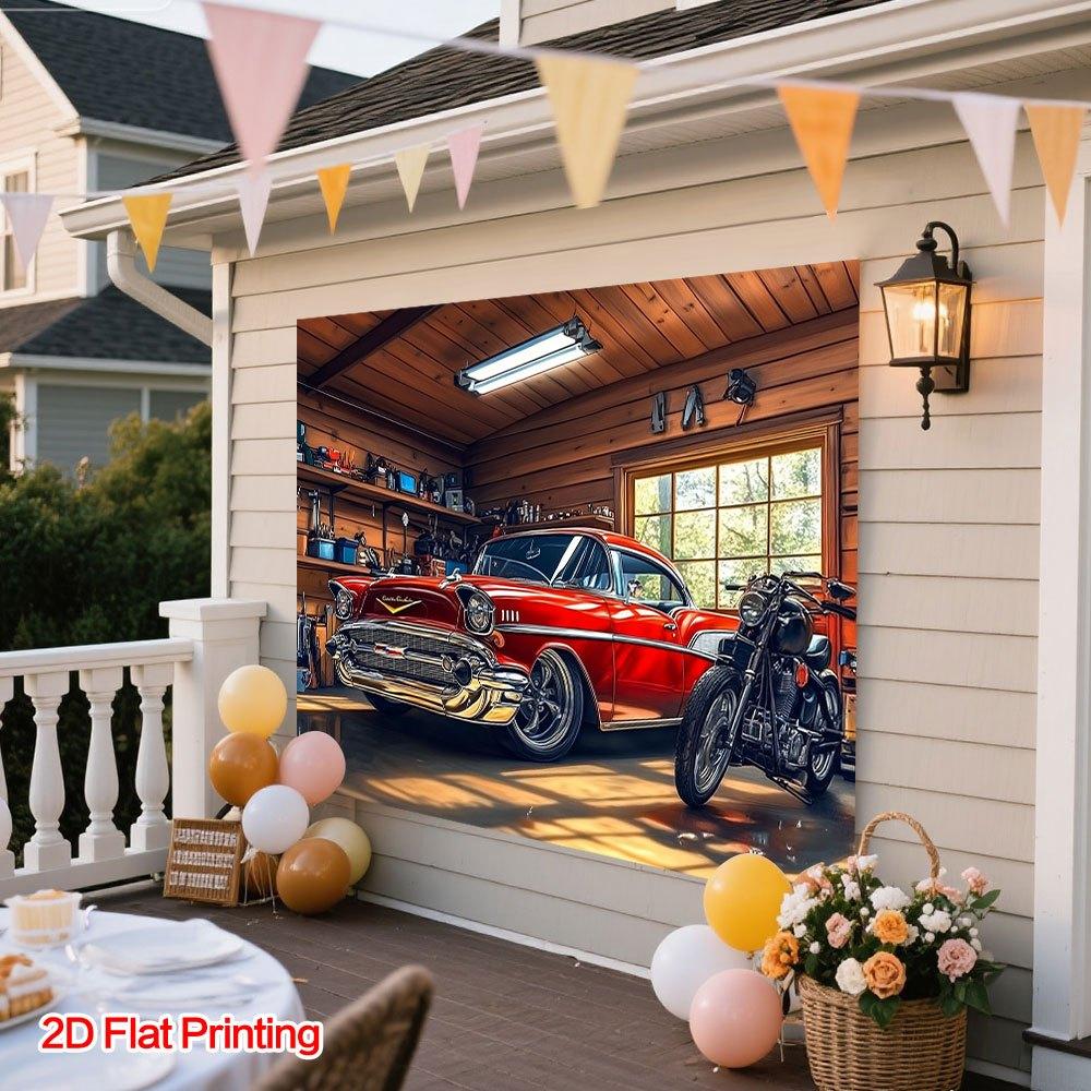 One 2D Flat-print Vintage Car Photography Backdrop Fabric, Made of Polyester, Suitable for Home, Garden or Studio Use.