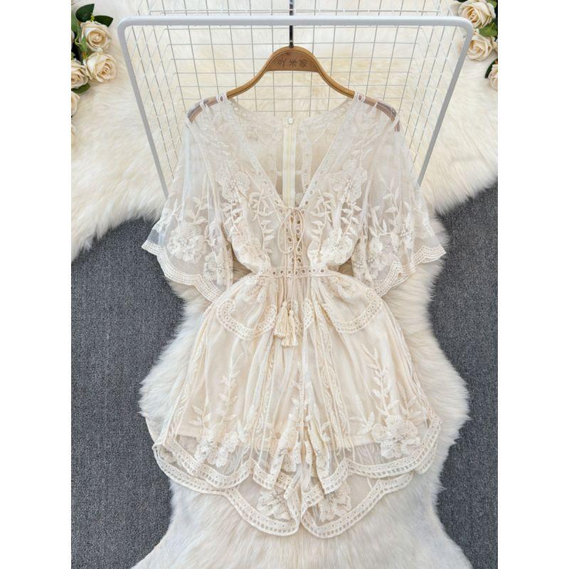 V Neck Fashion Sexy Embroidered Vacation Blouse Jumpsuit