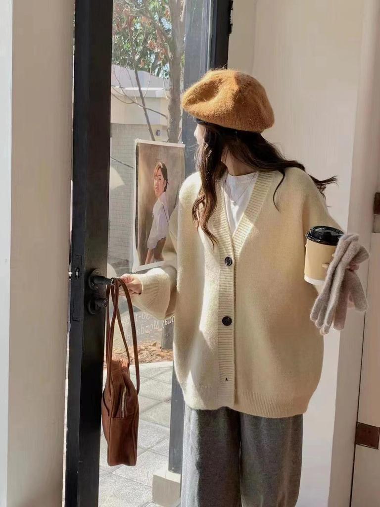 2025 Jaro/Podzim Dámský Volný Červený Pletený Kardigan - Korejský Styl Všestranný Svršek Svetr