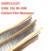 200PCS 1/4W Carbon Film Resistors 5% 1R-10M 10R 47R 56R 100R 220R 1K 4K7 6K8 100K 330K 560K 1M Ohm Color Ring Resistance