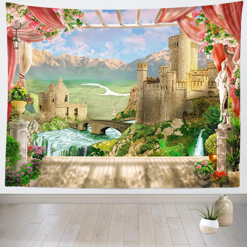 European Palace Garden Tapestry Hanging Fairy Castle Mountain Waterfalls Nature Tapestry Vintage Columns Floral Arch Scenery