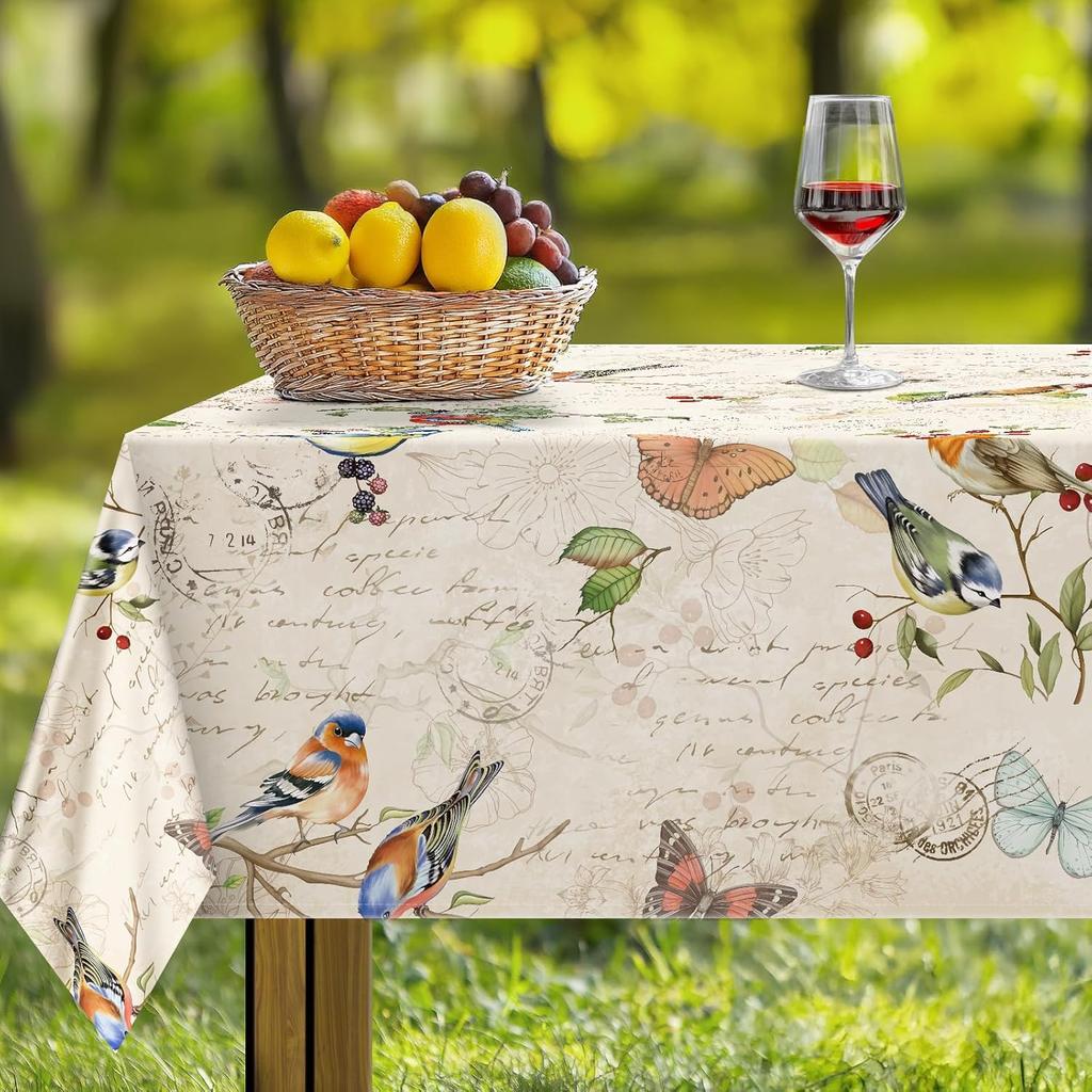 Vintage Flowers Birds  Butterfly Waterproof Tablecloth for Table Decor Washable Kitchen Dining Tablecloth Wedding Decorations