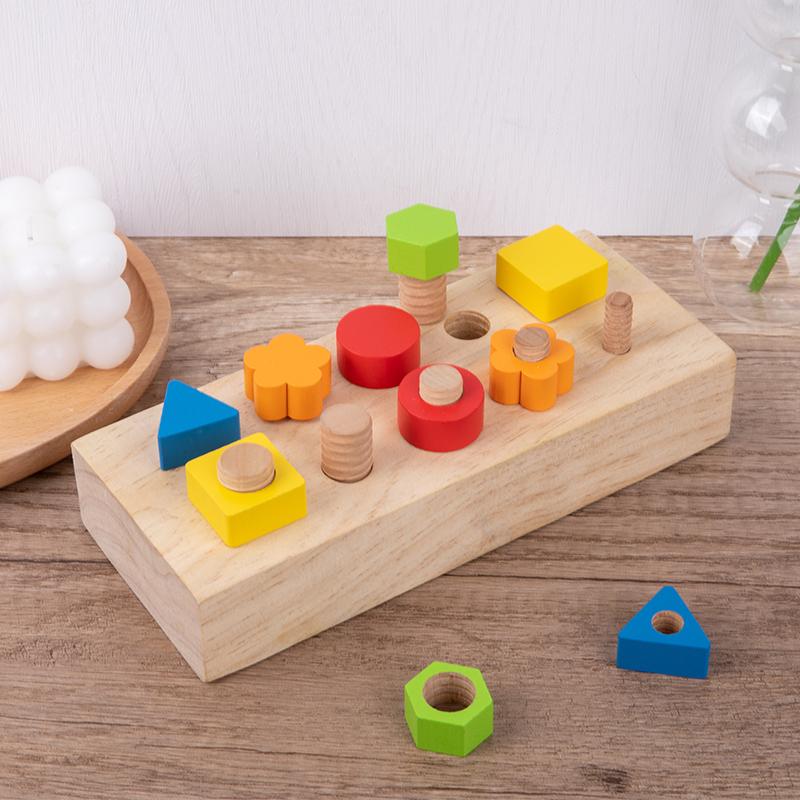 Wooden Screw Matching Puzzle Board - Fun Geometric Color Recognition Cognitive Toy With Mixed Color Blocks - Natural Wood Design