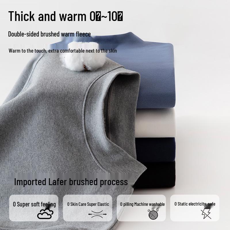 Men's 2025 Pure Cotton Mid-Neck Plush Base Layer Set - Autumn 280g Double-Brushed A-Class