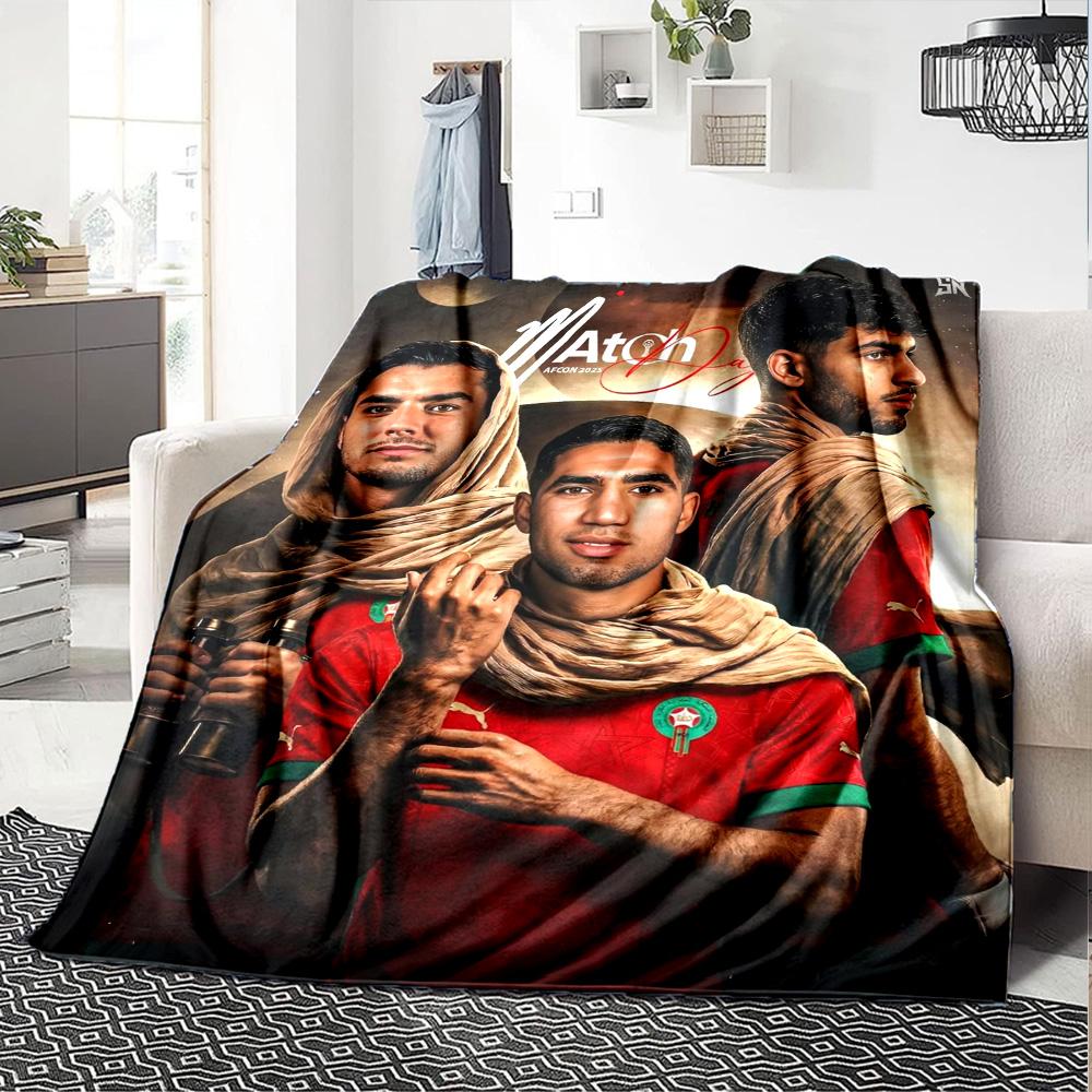 Morocco Football Player Print Flannel Throw Blanket, Sports Fan Soft Warm Blanket for Sofa Bed Couch Home Use