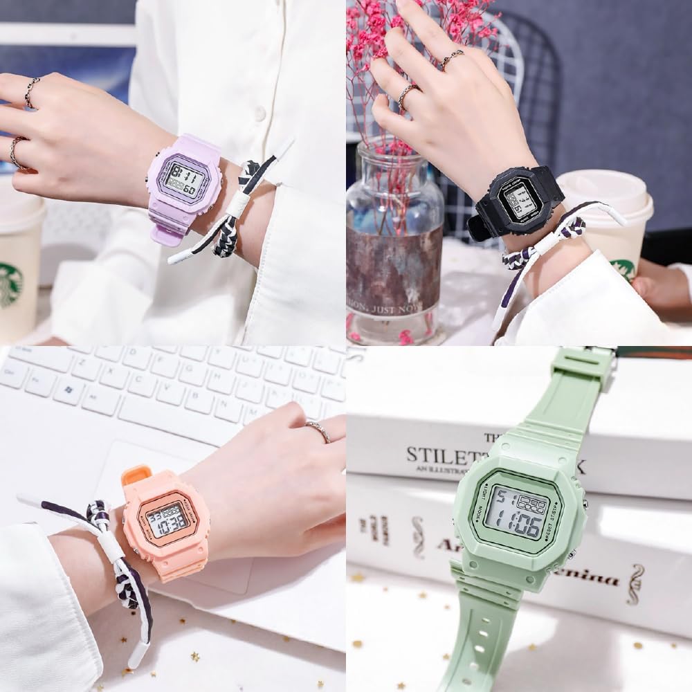 Digital Sports Watch for Women, Men, Kids, Waterproof, Alarm, Square Design, Green