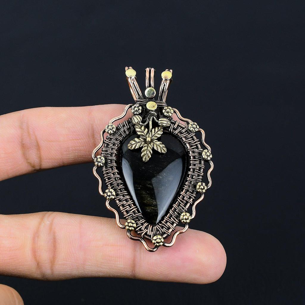 Black Onyx Gemstone Handmade Jewelry Pure Copper Wire Wrapped Pendant