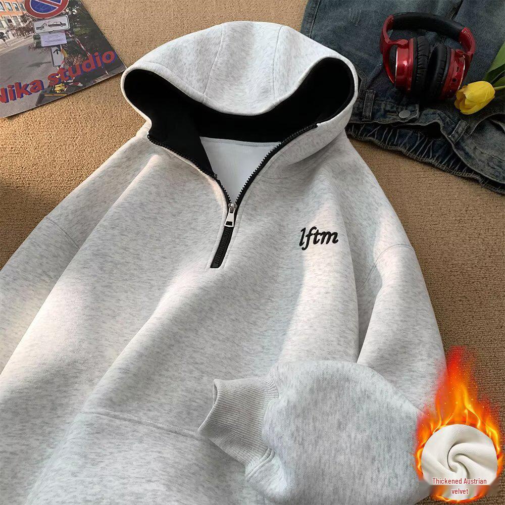 

Men s Retro Fleece-Lined Half-Zip Hooded Sweatshirt - Autumn/Winter Loose Fit, Unisex Style XXL світло-сірий колір