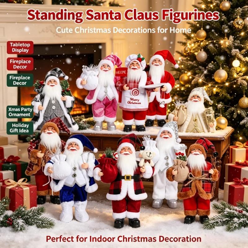 Christmas Standing Santa Claus Figurine Dolls, Cute Xmas Decor Ornaments, Tabletop Fireplace Office Indoor Home Party Decorations