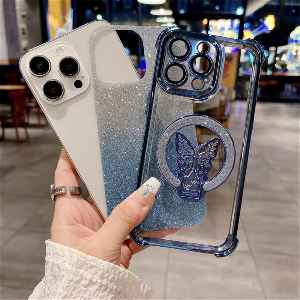 Shockproof Glitter Plating Butterfly Stand Case For OPPO A16 A16S A17 A15 A53 A5 A9 2020 A54S A53S 4G Soft Silicon Bracket Cover