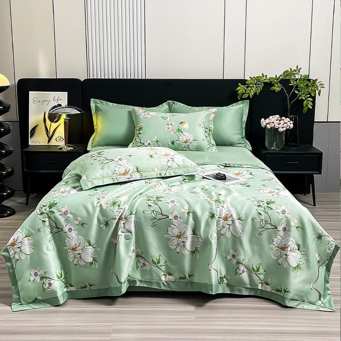 Printed Tencel Summer Quilt 4-Piece Set - Cooling Ice Silk for Naked Sleep, Smooth Gift Quilt