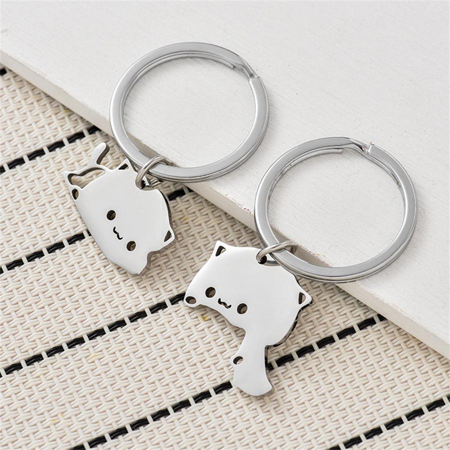1 Pair Creativity Cute Stainless Steel Cartoon Cat Keychain Couple Animal Matching Key Ring Pendants Valentine Friendship Gift