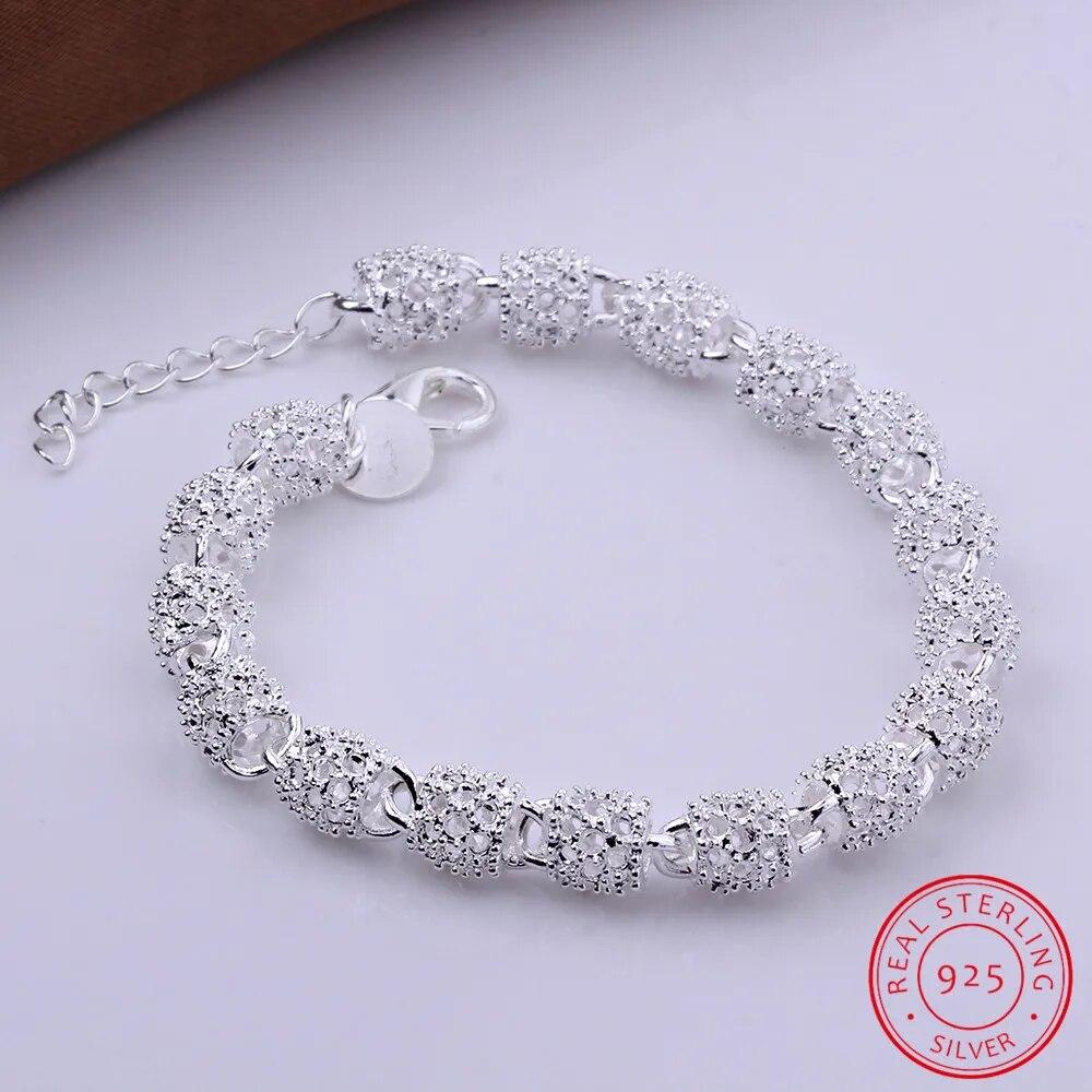 

925 Silver Flower Beads Charm Bracelets For Women Hollow Ball Silver Bracelet Adjustable Wedding Party Jewelry Gifts