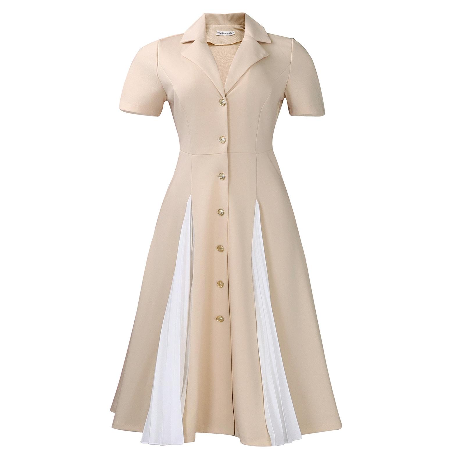 Women Elegant Color Block Turn Down Collar Short Sleeve Midi High Waist A Line Dress S