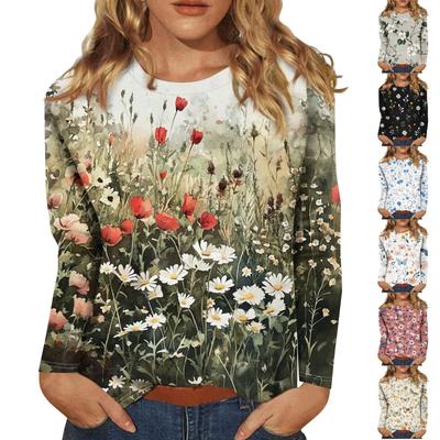 Women's Fashion Casual Long Sleeve Flowers Print Round Neck Top