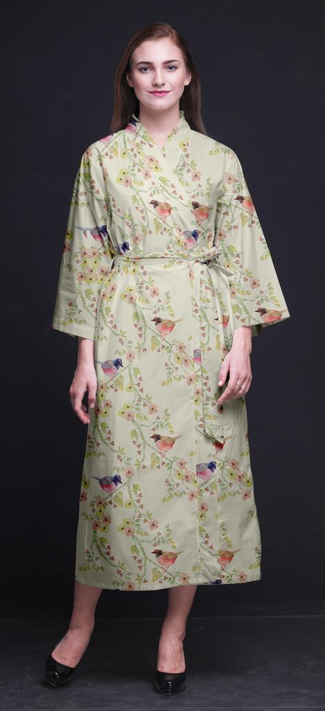 Bimba Light Purple Floral Leaves & Tazetta Daffodils Long Robes For Women Printed Bride Getting Ready Bridesmaid Robes Cotton Bathrobes