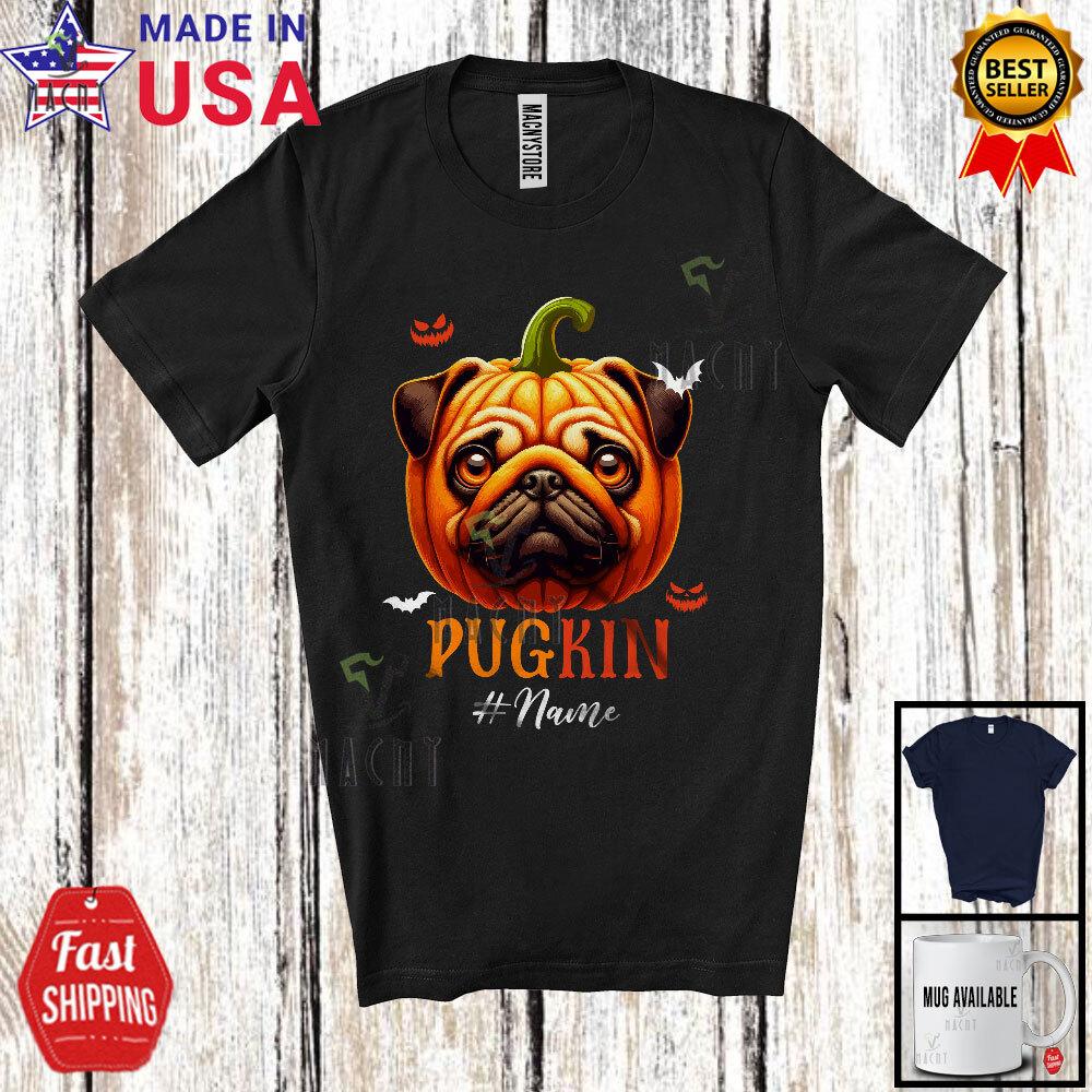 Pugkin Scary Halloween Cosplay Animal Custom Name Pug Pumpkin Face T-Shirt