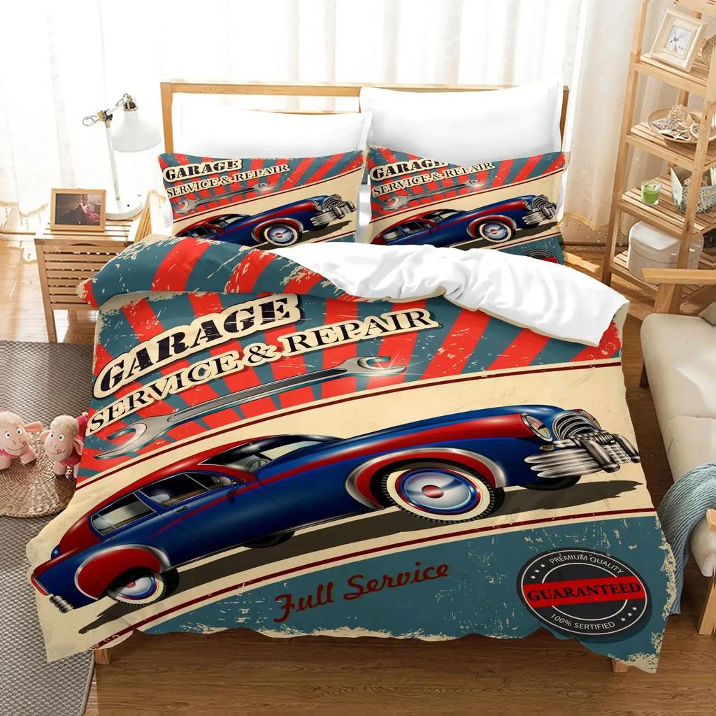 Cars Duvet Cover Traditional Old Car Race Nostalgic American Car Bedding Set Classic Cars Polyester Quilt Cover for Boys Teens