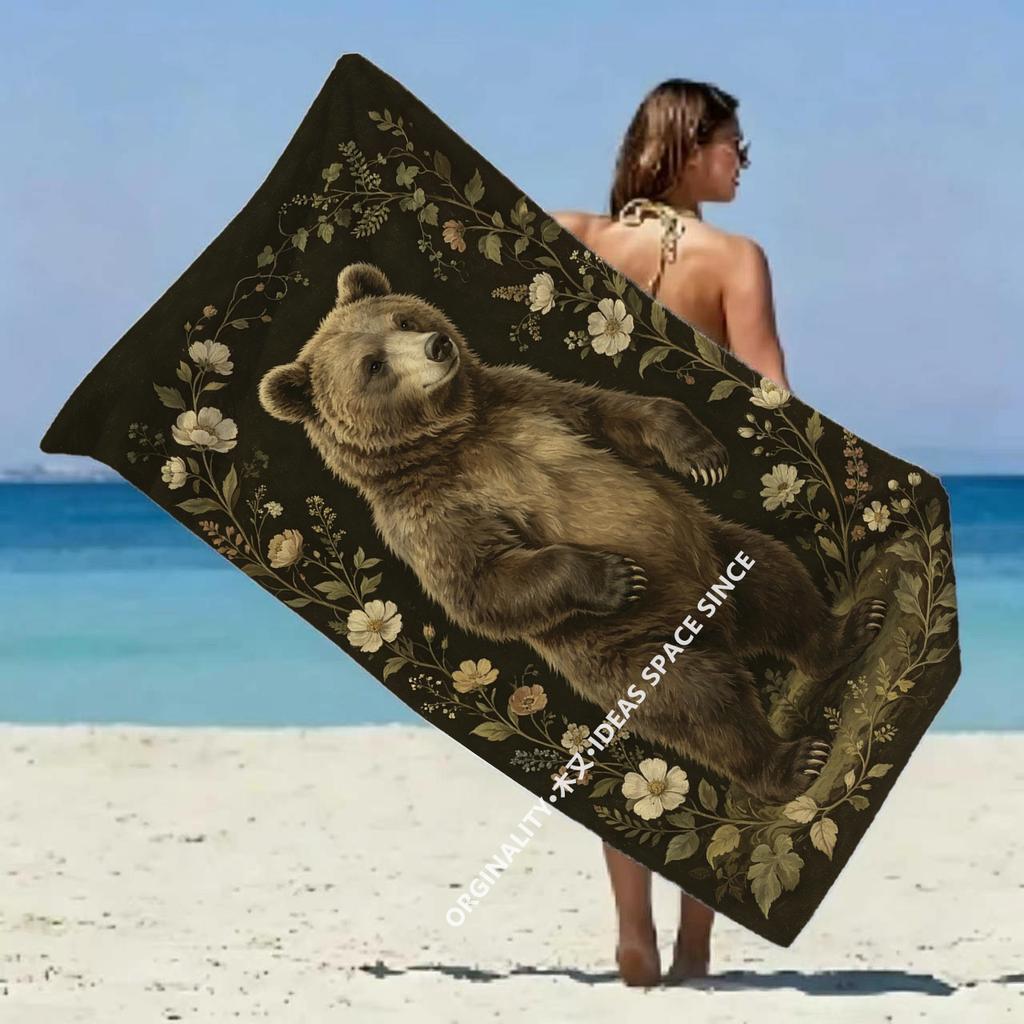 Vintage Floral Brown Bear Beach Towel Patterned Sunscreen And Windproof Suitable For Swimming Pool Camping Travel