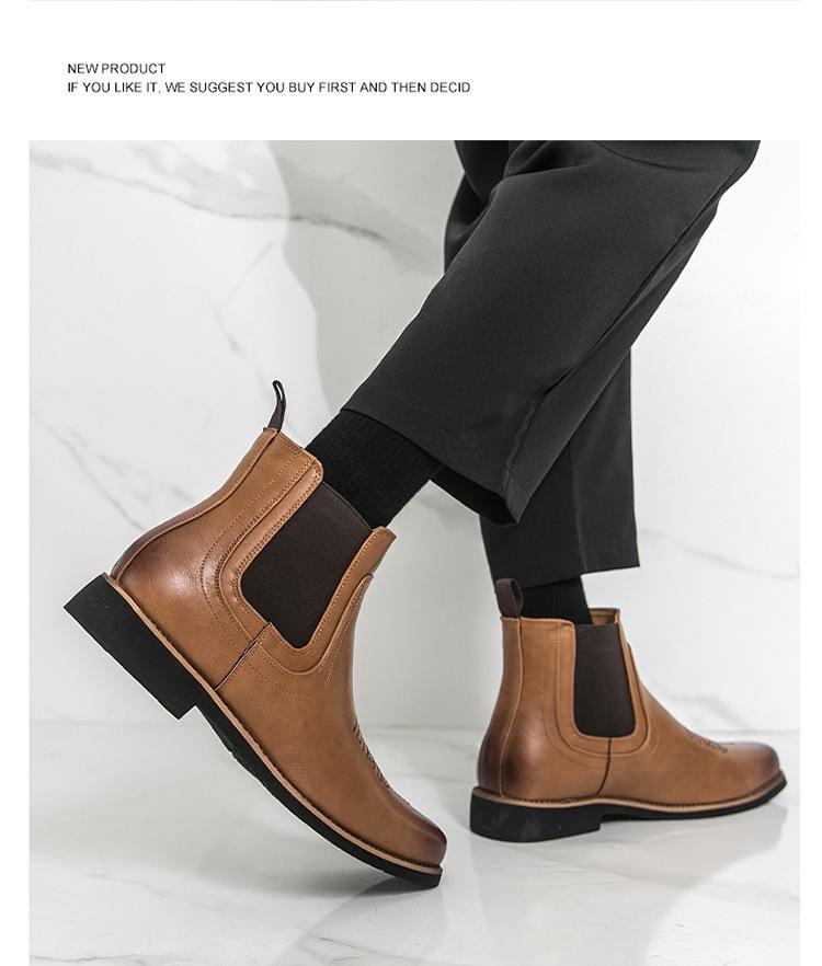 Men's Embroidered Leather Chelsea Cowboy Boots, Retro British Style, High-Top Slip-On, Short Winter Boots