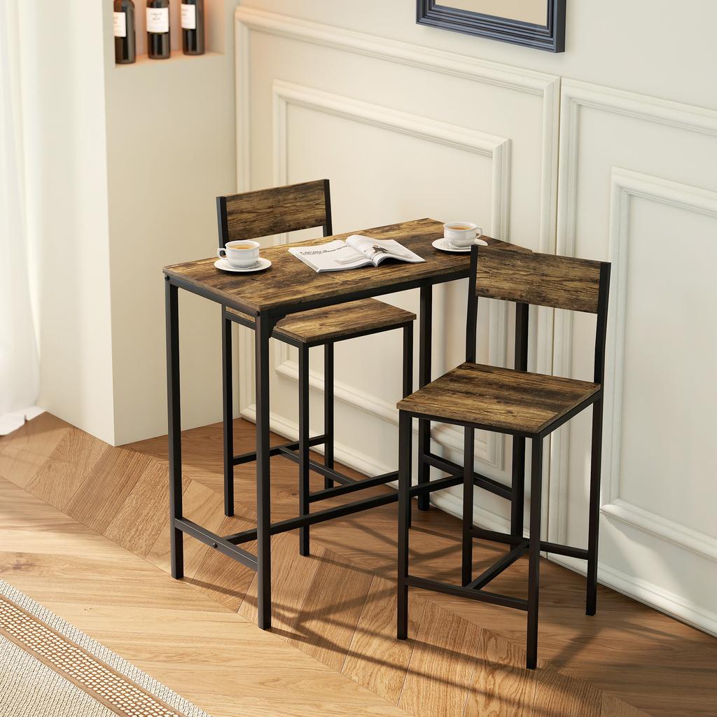 3-Piece Bar Table Set with 2 Stools, Industrial Breakfast Bar Set with Footrest, Backrest for Dining Room, Small Space