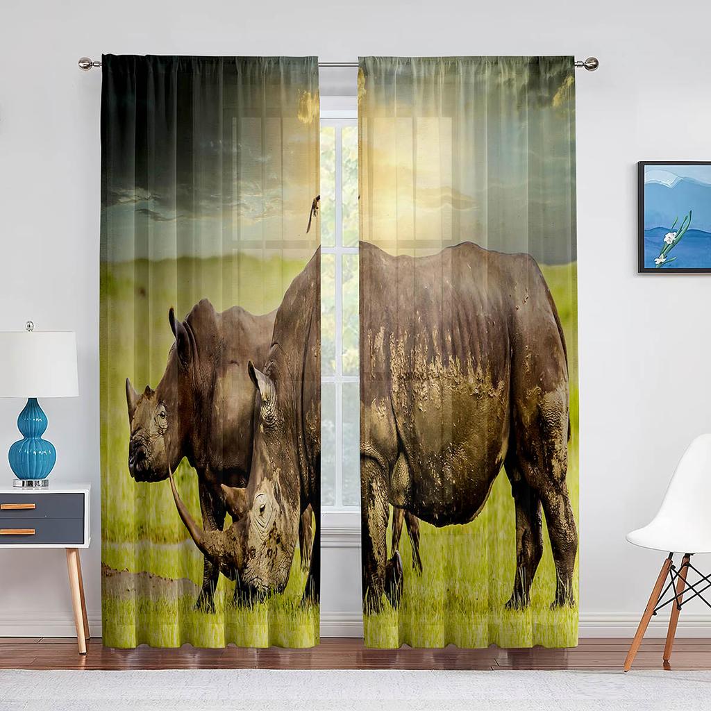 Wildtier Nashorn Grau Schwarz Tüll Vorhänge für Wohnzimmer Schlafzimmer Dekoration Transparent Chiffon Transparent Voile Fenstervorhang