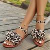 Fashion Large Bowknot Decor Suede Leopard Print Sandals Summer New Flat Heel Casual Rome Shoes Fashion Soft Sole Non-slip Beach Sandals
