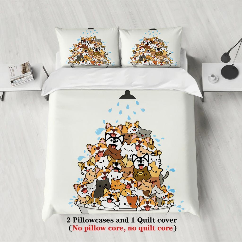 Cute Cat And Dog Pile Bedding Set White Cartoon Animal Print Bedding With Duvet Cover  Pillowcases For Kids Room