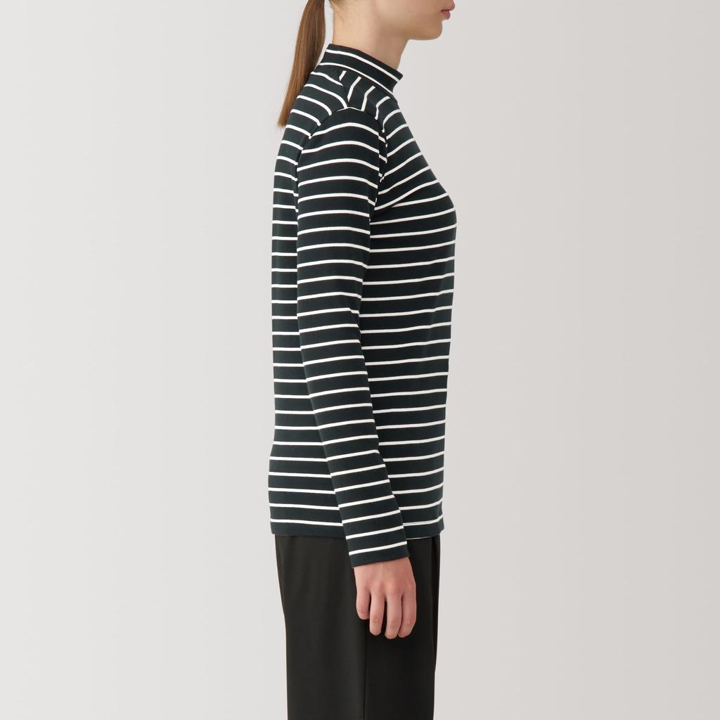 MUJI Brushed Milled Knit Black Size BB2QDA4A Women's High-Neck Long-Sleeve T-Shirt, Striped, L,